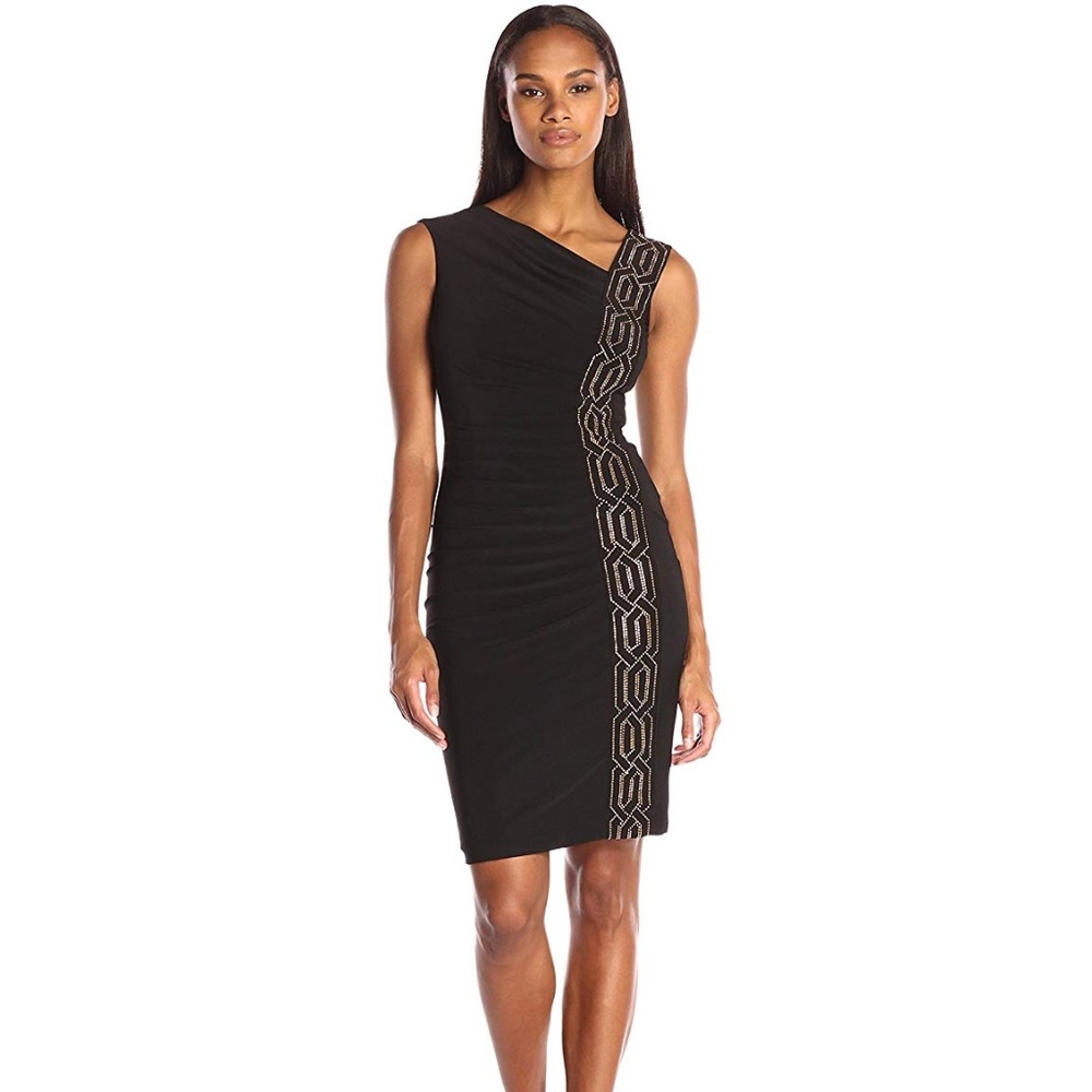 NWT Marina Women's Asymmetrical Neckline Dress with Hot Fix Princess Seam 10 BLK